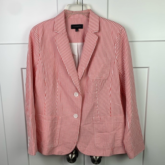 Talbots Blazer Size 12 Red Pink Stripe Seersucker Jacket Preppy Coastal - Picture 1 of 10